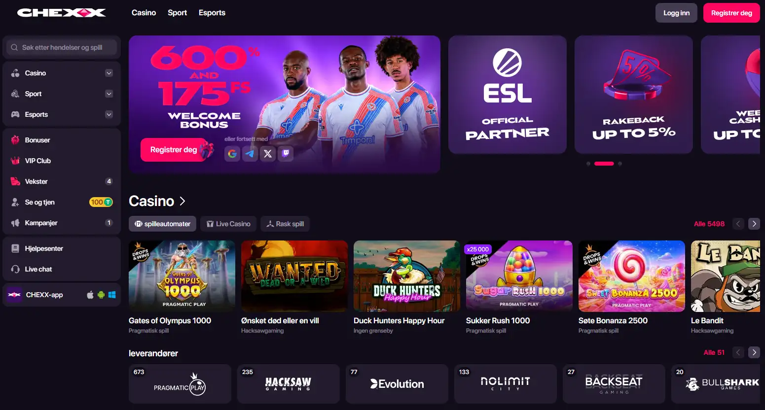 CHEXX casino- og sportsbook-grensesnitt