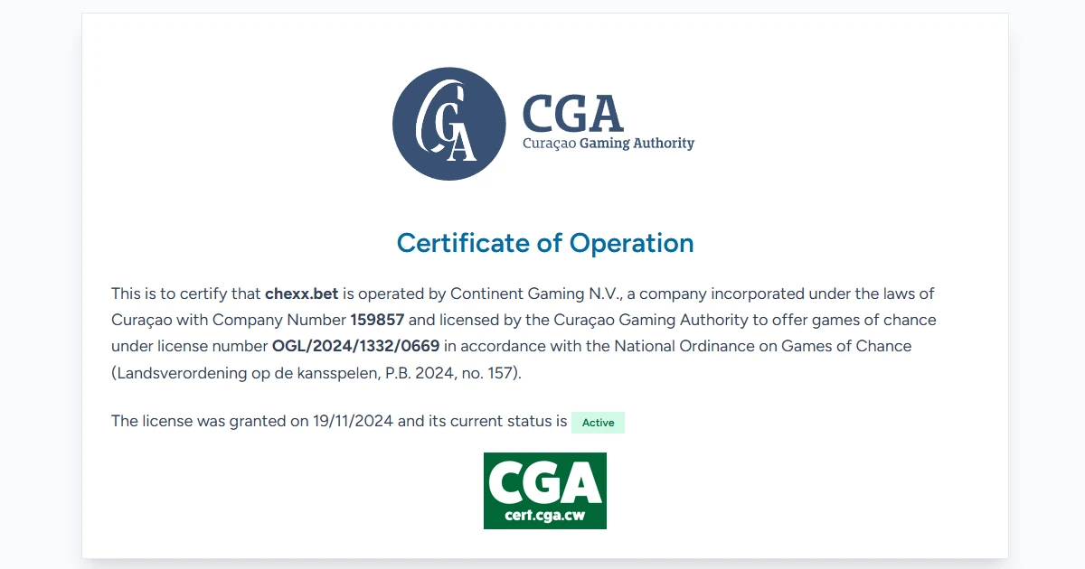 Curaçao Gaming Authority-lisensoppføring for CHEXX-operatøren